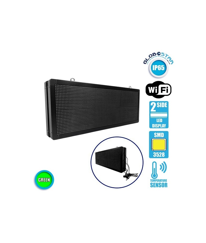 GLOBOSTAR® DISPLAY 90322 Κυλιόμενη Ψηφιακή Επιγραφή P10 Διπλής Όψης LED AC 220-240V Αδιάβροχο IP65 Πράσινο - WiFi Control μέσω FK APP - Αισθητήρας Θερμοκρασίας & Υγρασίας - Μ104 x Π12 x Υ40cm - 2 Χρόνια Εγγύηση